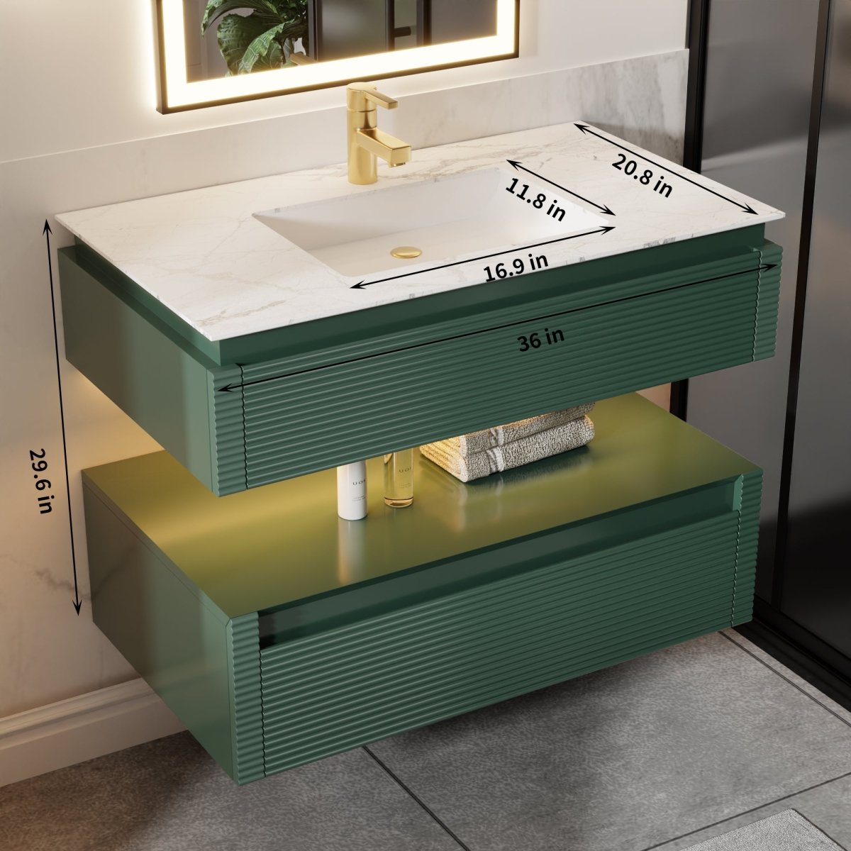 Segeo 36" Modern Solid Oak Floating Bathroom Vanity Cabinet Green with Lights and Marble Countertop