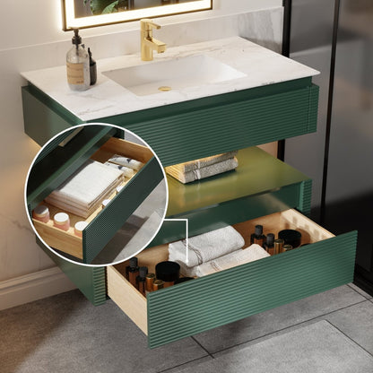 Segeo 36" Modern Solid Oak Floating Bathroom Vanity Cabinet Green with Lights and Marble Countertop