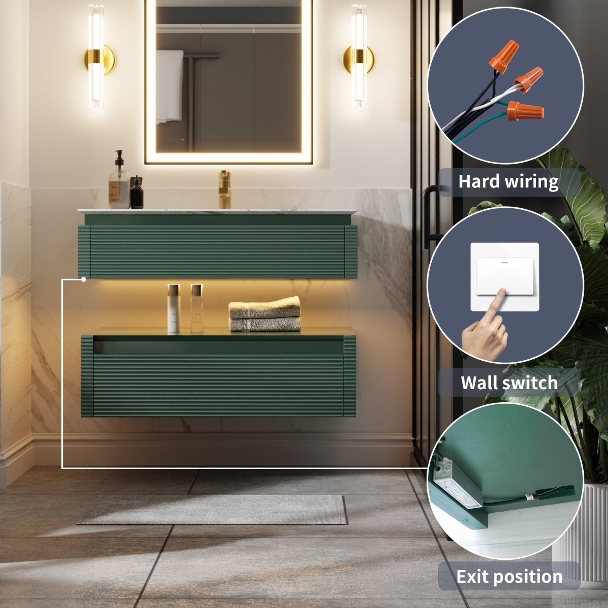 Segeo 36" Modern Solid Oak Floating Bathroom Vanity Cabinet Green with Lights and Marble Countertop