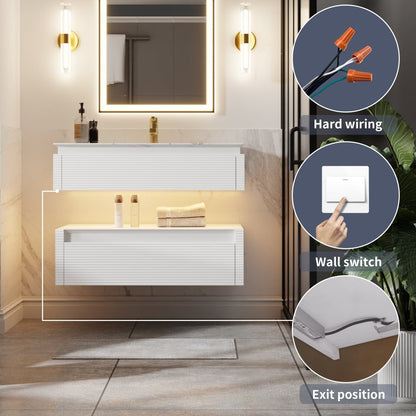 Segeo 36" Modern Solid Oak Floating Bathroom Vanity Cabinet White with Lights and Marble Countertop