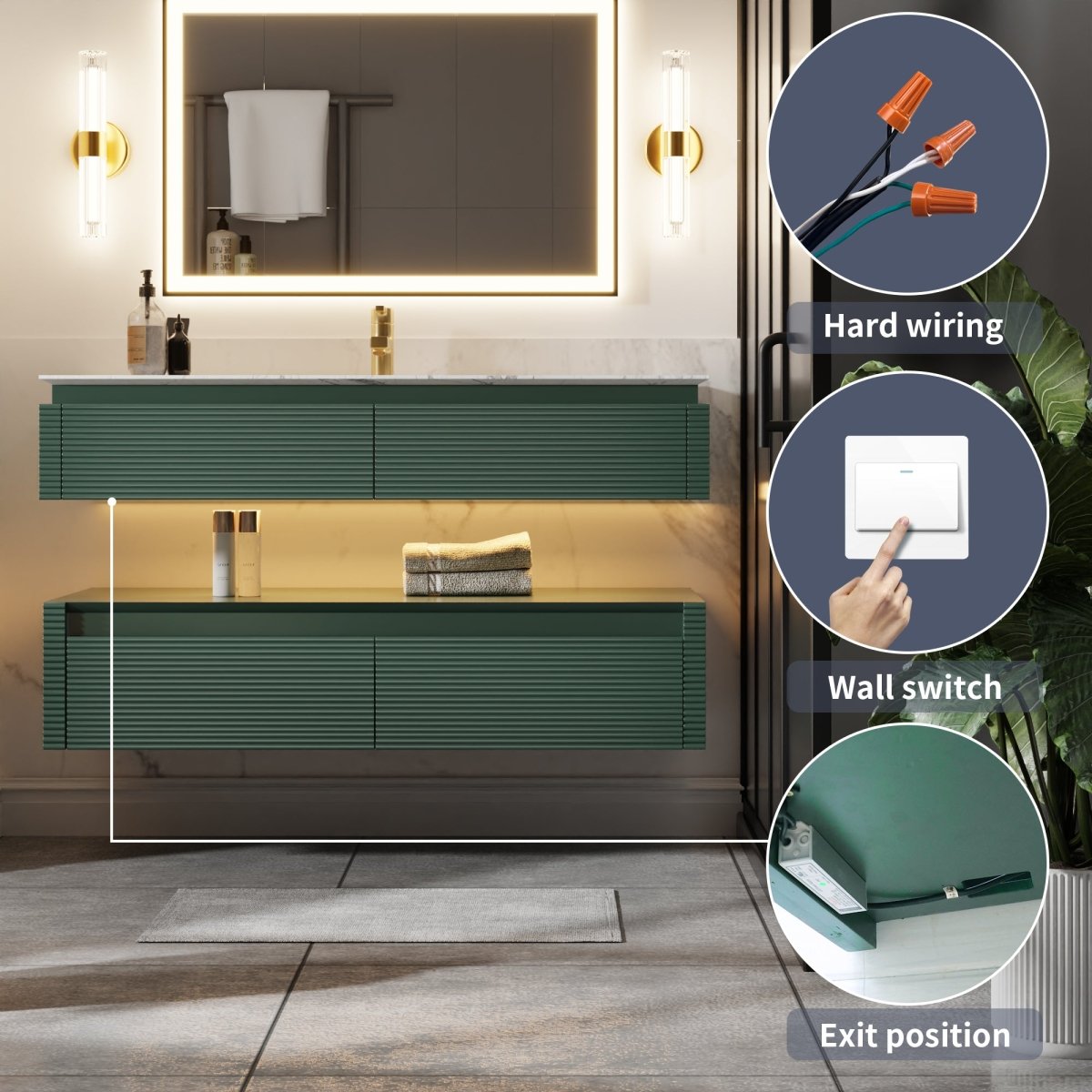 Segeo 48" Modern Solid Oak Floating Bathroom Vanity Cabinet Green with Lights and Marble Countertop