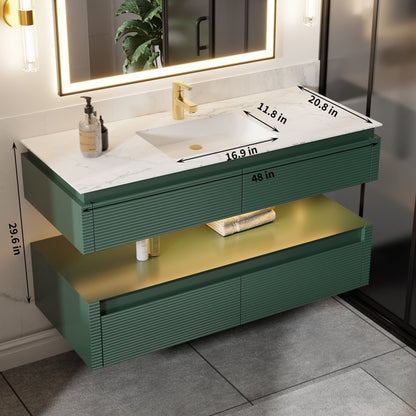 Segeo 48" Modern Solid Oak Floating Bathroom Vanity Cabinet Green with Lights and Marble Countertop