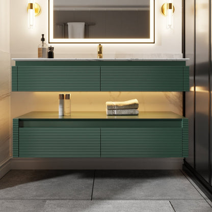 Segeo 48" Modern Solid Oak Floating Bathroom Vanity Cabinet Green with Lights and Marble Countertop