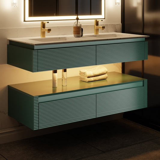 Segeo 48" Modern Solid Oak Floating Bathroom Vanity Cabinet Green with Lights and Marble Countertop, Dual Basins