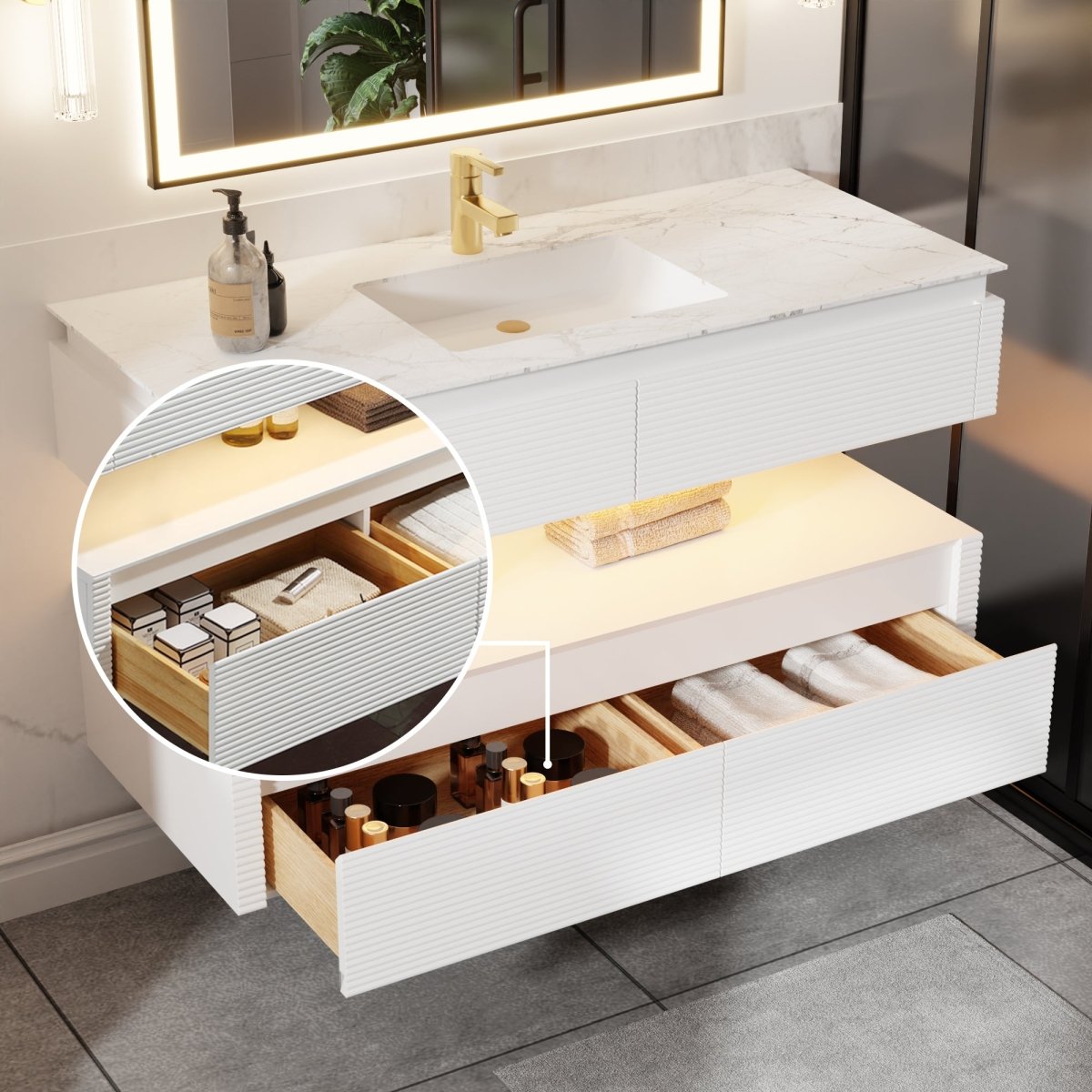 Segeo 48" Modern Solid Oak Floating Bathroom Vanity Cabinet White with Lights and Marble Countertop