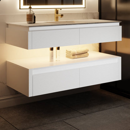 Segeo 48" Modern Solid Oak Floating Bathroom Vanity Cabinet White with Lights and Marble Countertop