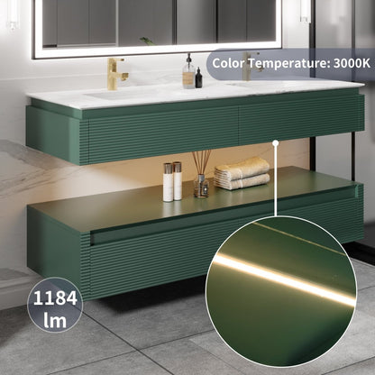 Segeo 60" Modern Solid Oak Floating Bathroom Green Vanity Cabinet with Marble Countertop