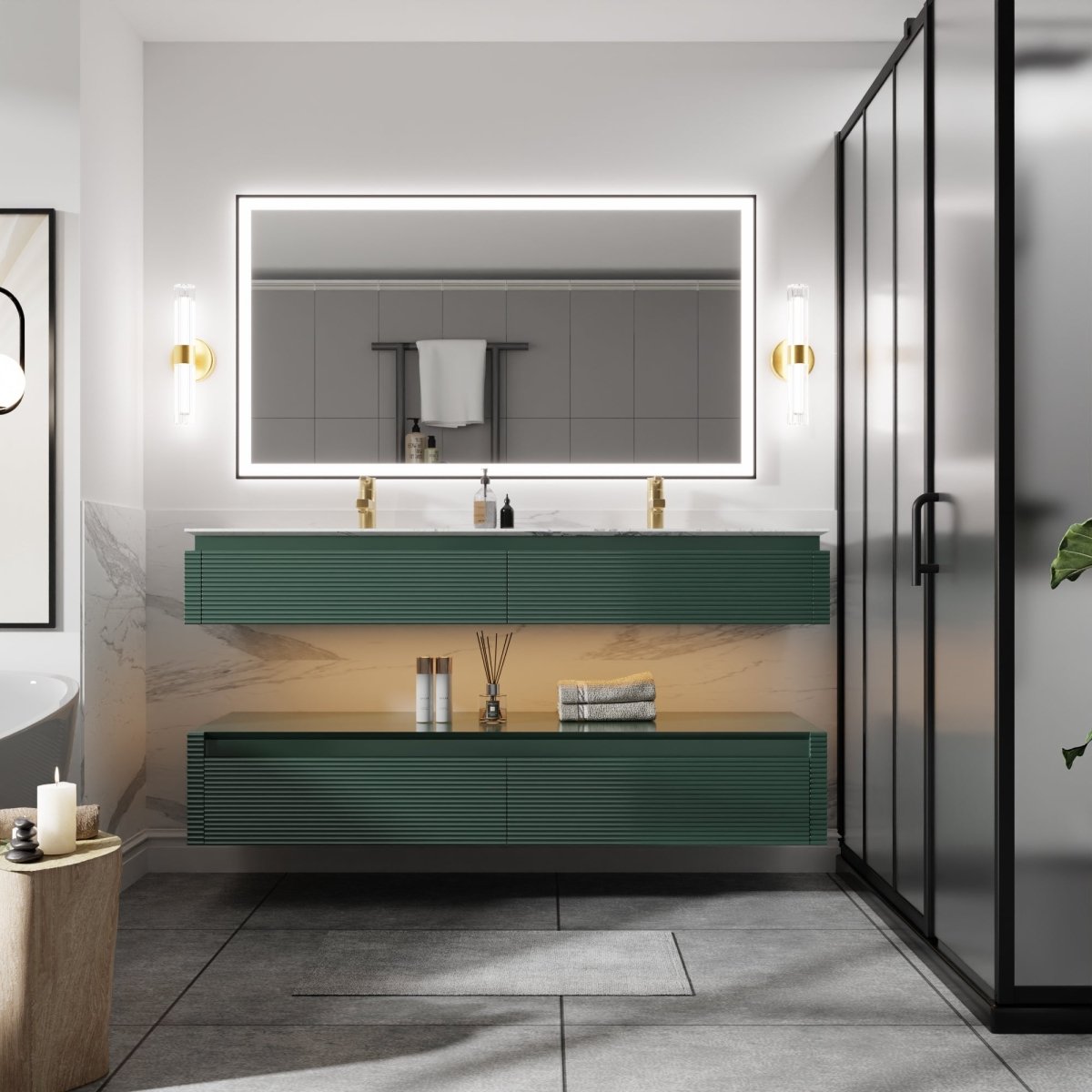 Segeo 60" Modern Solid Oak Floating Bathroom Green Vanity Cabinet with Marble Countertop