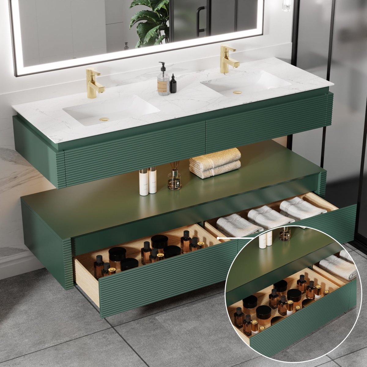 Segeo 60" Modern Solid Oak Floating Bathroom Green Vanity Cabinet with Marble Countertop