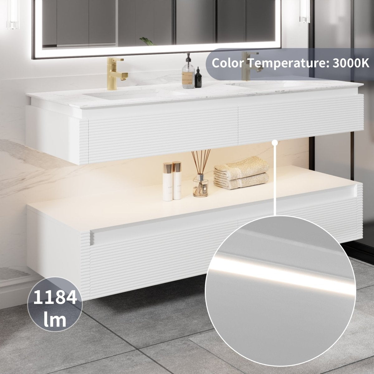 Segeo 60" Modern Solid Oak Floating Bathroom White Vanity Cabinet with Marble Countertop